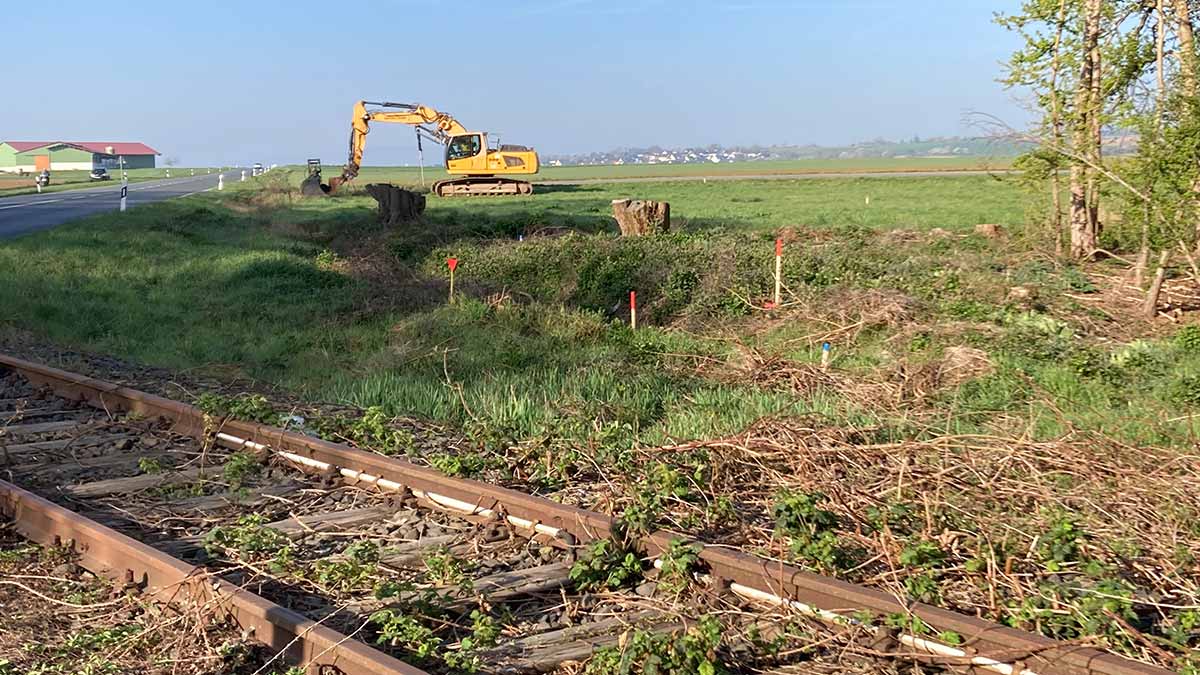 Ein Bagger an den noch überwucherten, alten Bahngleisen