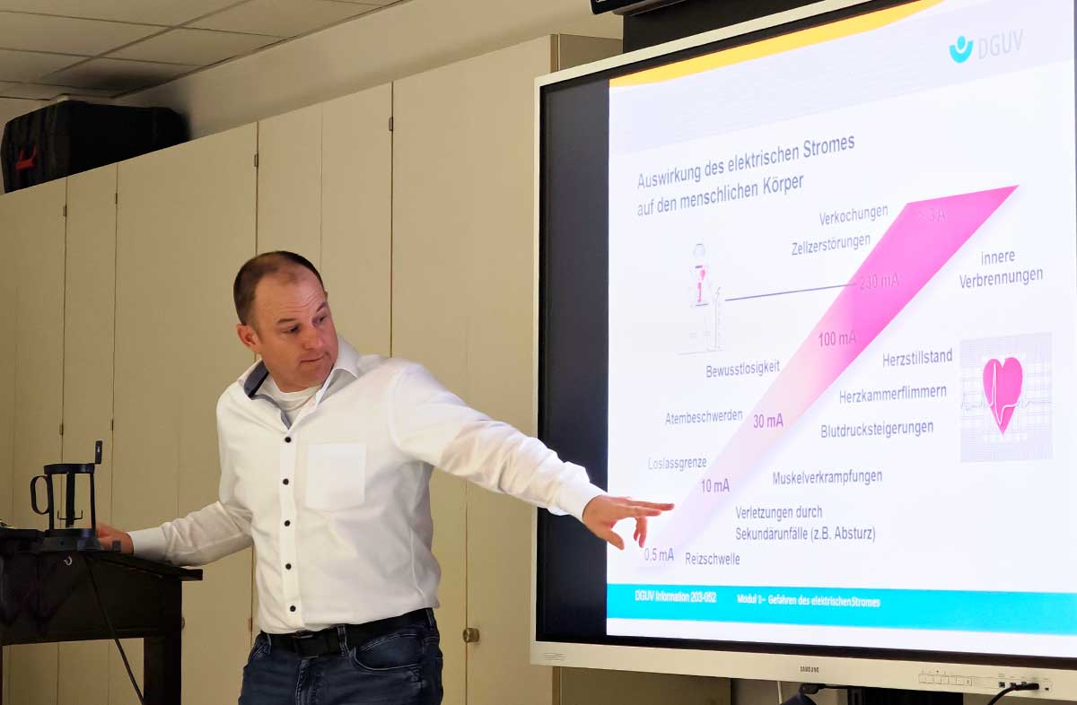Thomas Seipp referiert und zeigt dabei auf einen Bildschirm auf dem mögliche Gefahren durch die Stromeinwirkung auf den Menschen dargestellt sind.